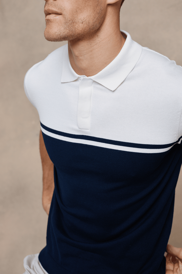 Vicolo Knitted Striped Block Polo SS - Navy/Sand