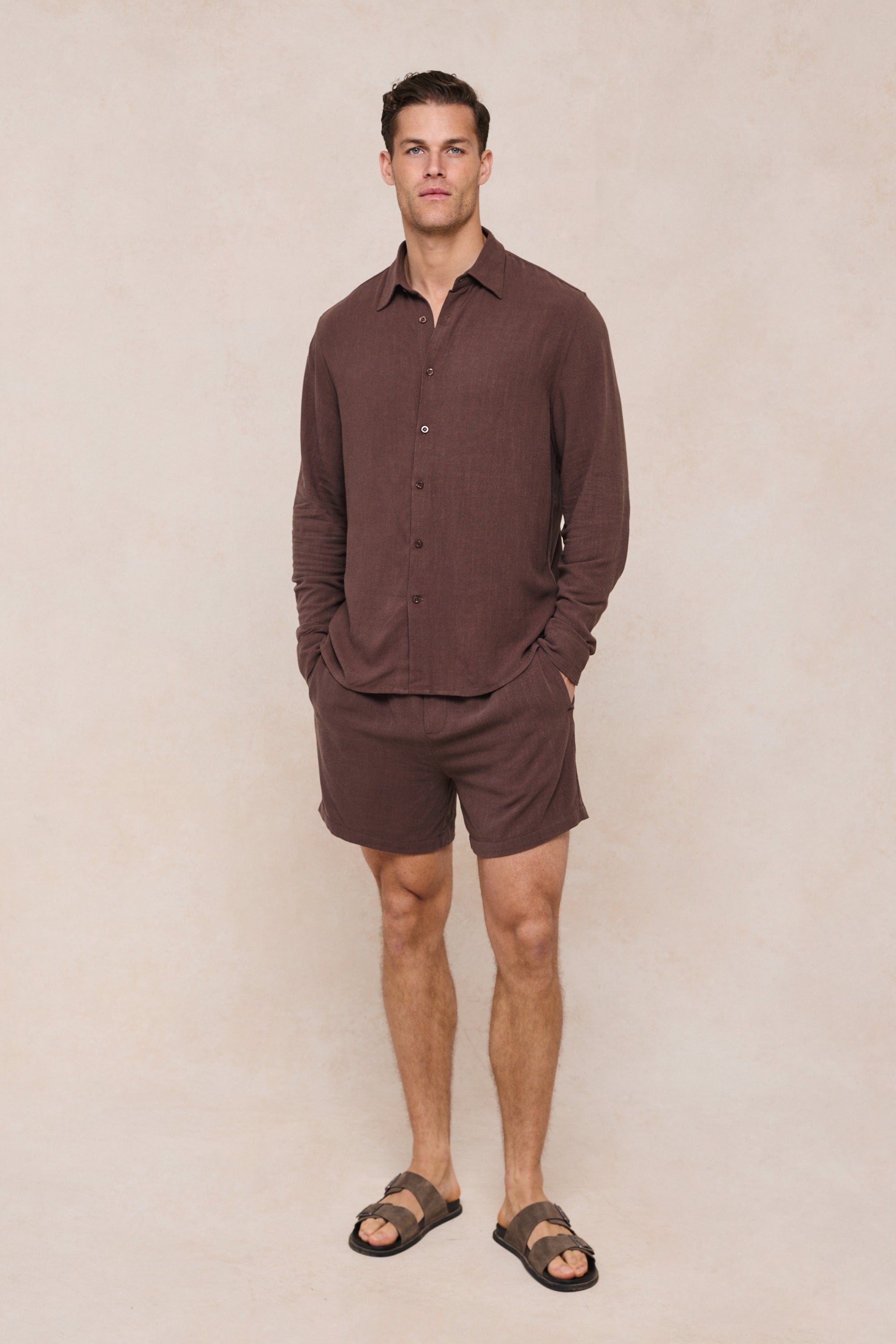 Cami Linen Classic Collar Shirt - Brown