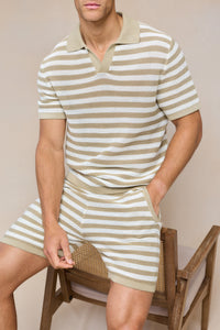 Lattolo Striped Knit Polo Shirt - Ecru/Beige