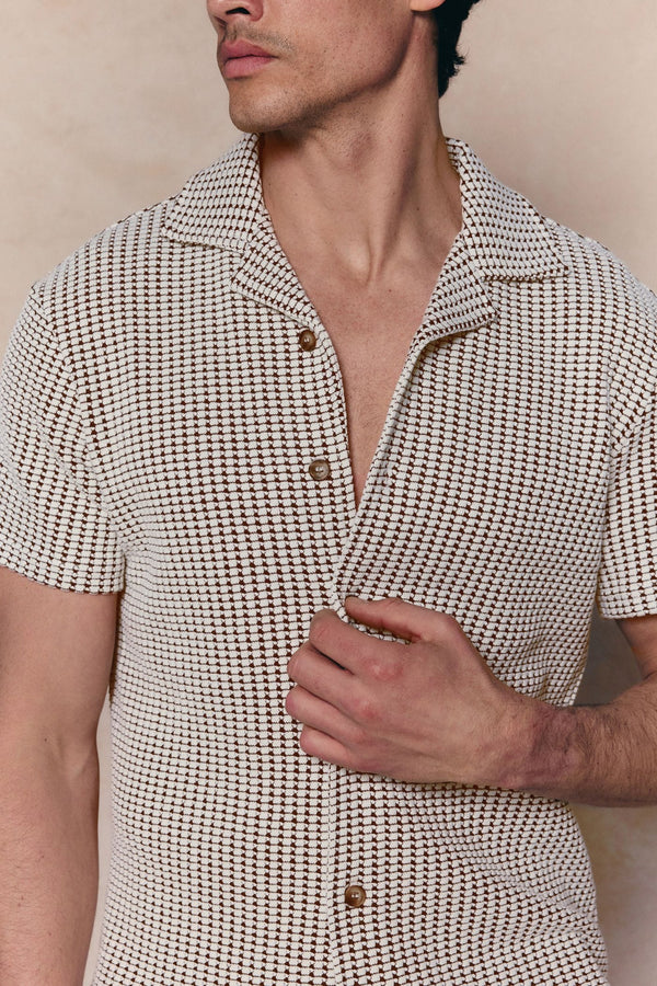 Marcos Patterned Waffle Short Sleeve Shirt - White/Brown