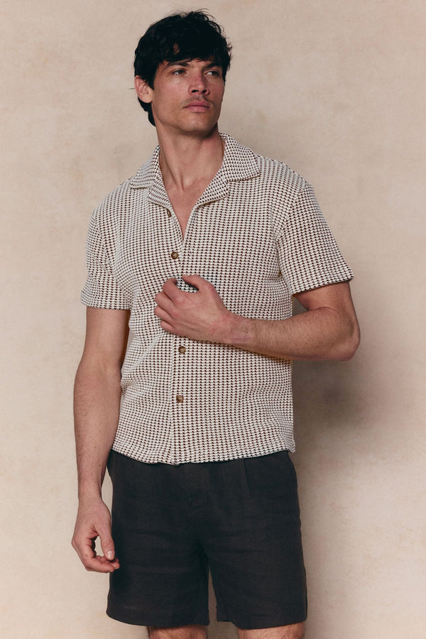 Marcos Patterned Waffle Short Sleeve Shirt - White/Brown