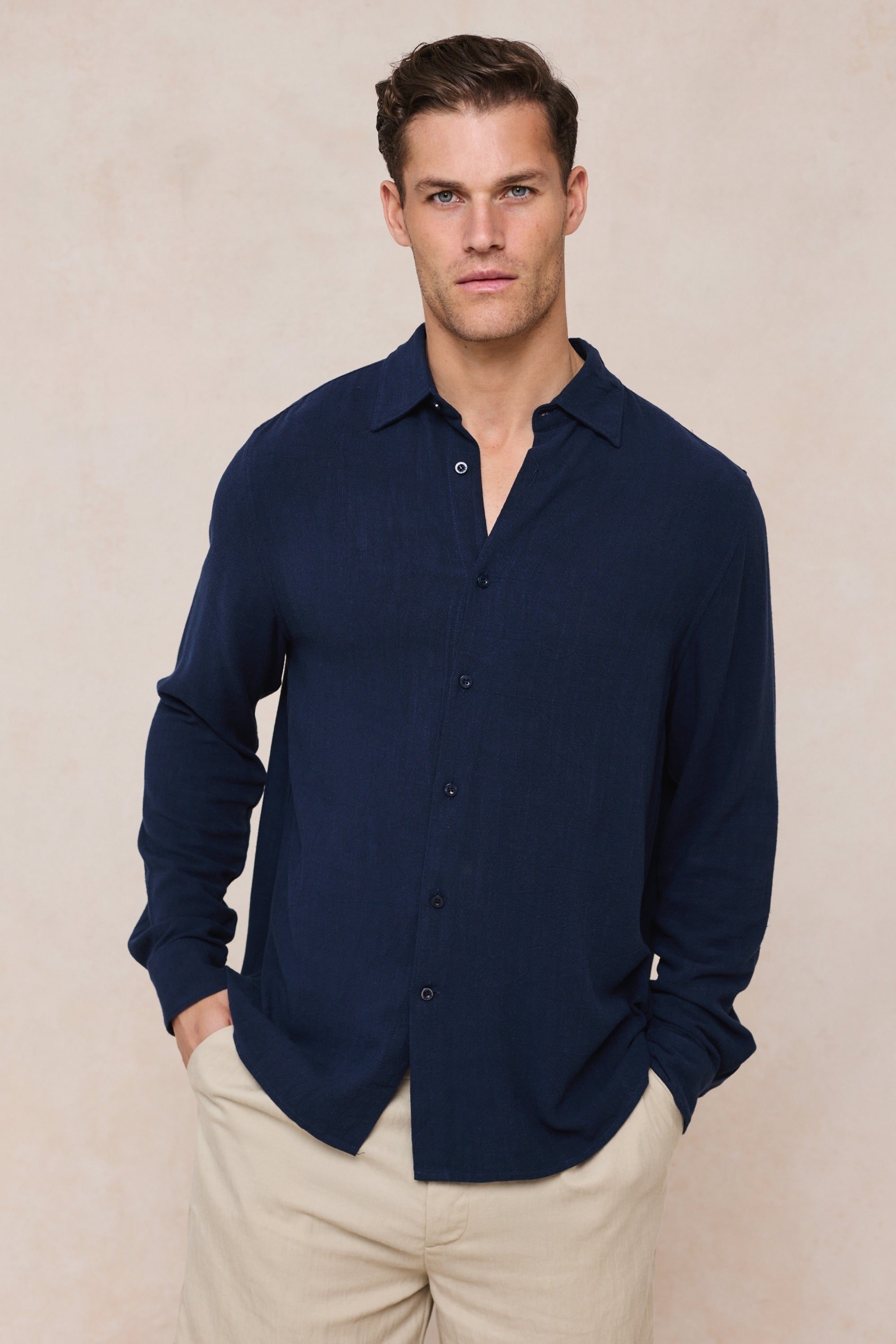 Cami Linen Classic Collar Shirt - Navy