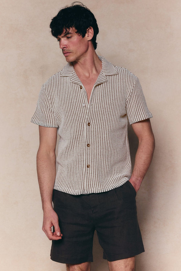 Marcos Patterned Waffle Short Sleeve Shirt - White/Brown