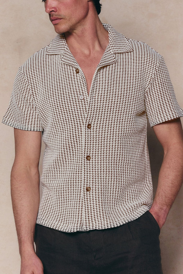 Marcos Patterned Waffle Short Sleeve Shirt - White/Brown