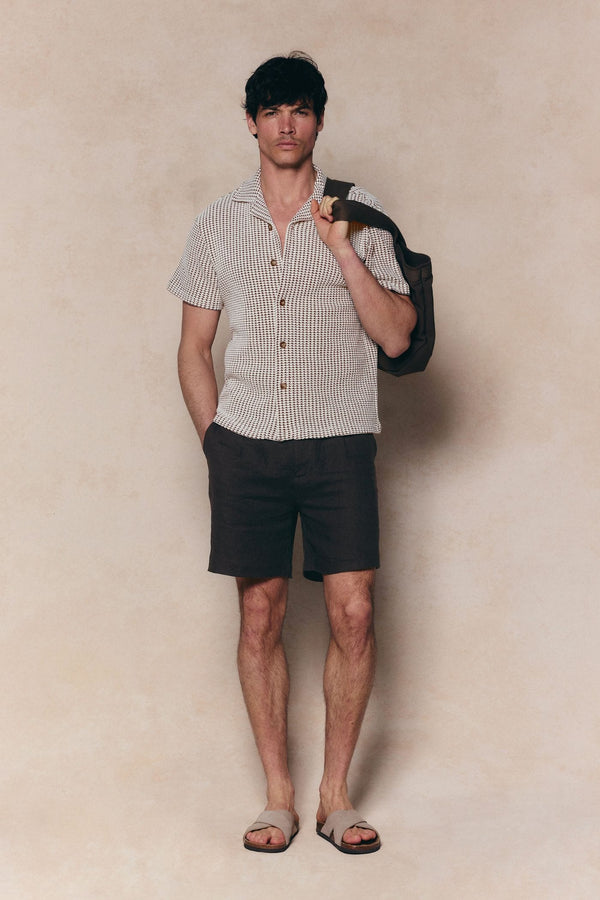 Marcos Patterned Waffle Short Sleeve Shirt - White/Brown