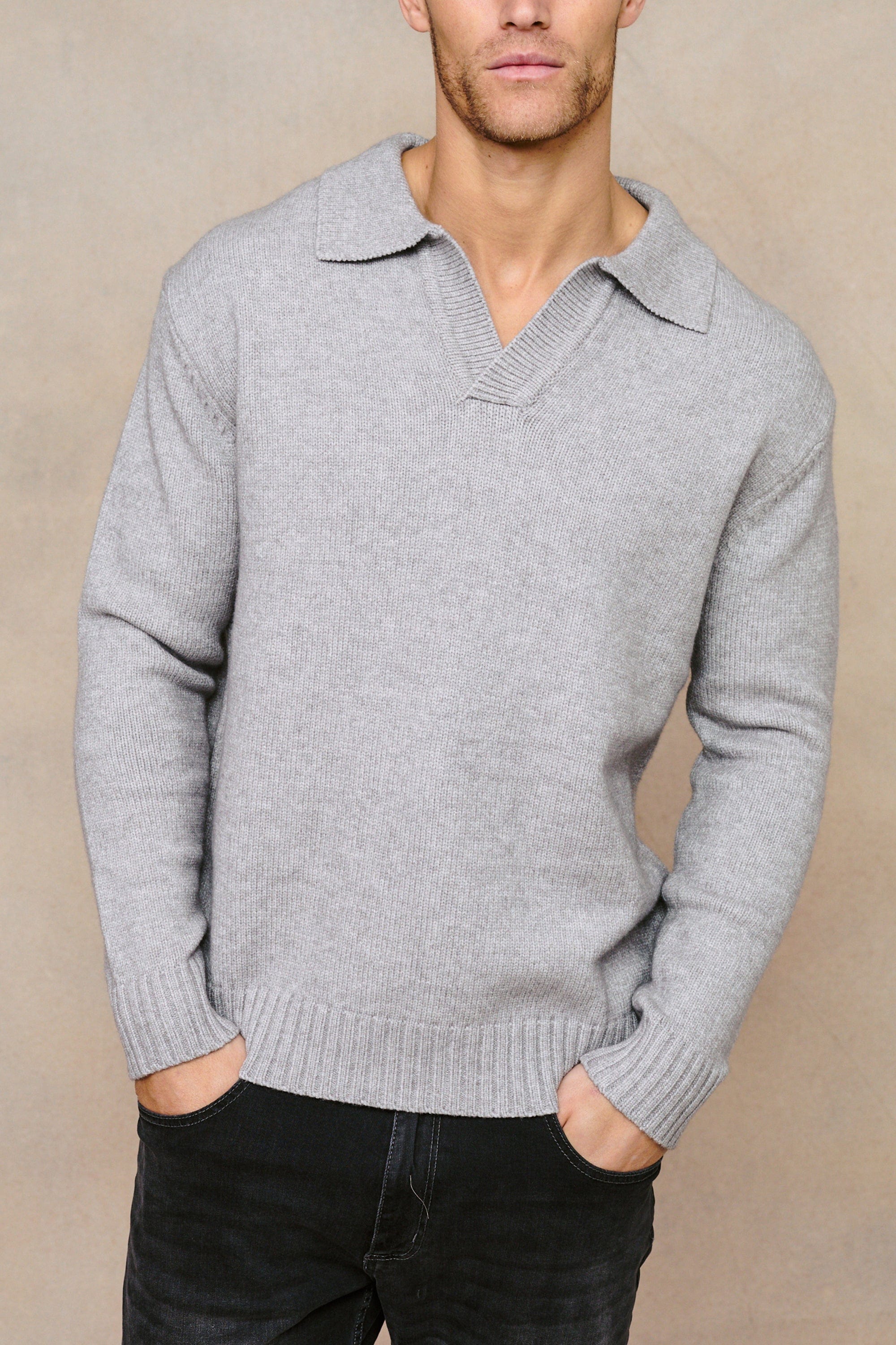 Dylan Chunky Knit Open Collar Sweater - Grey Marl