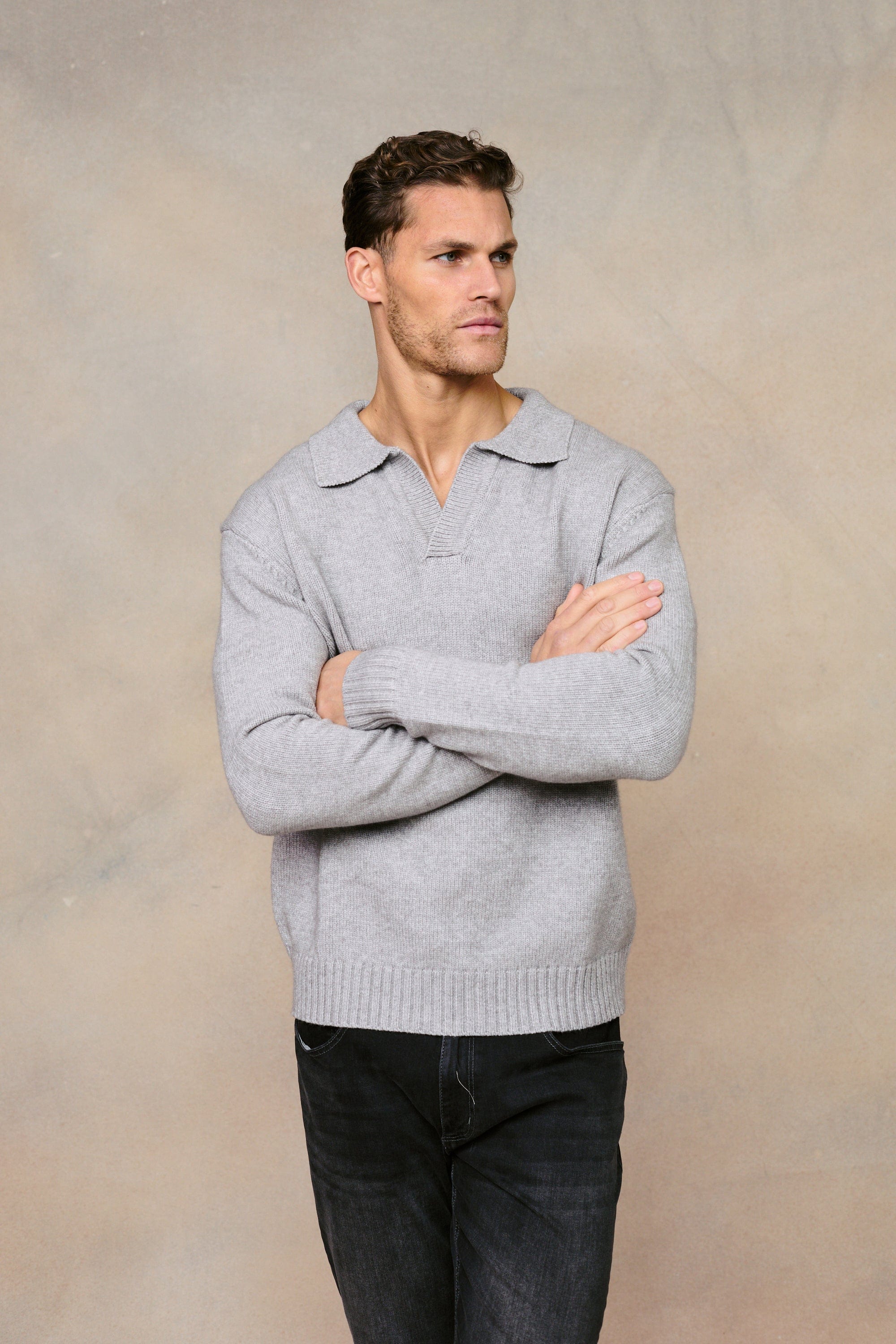 Dylan Chunky Knit Open Collar Sweater - Grey Marl