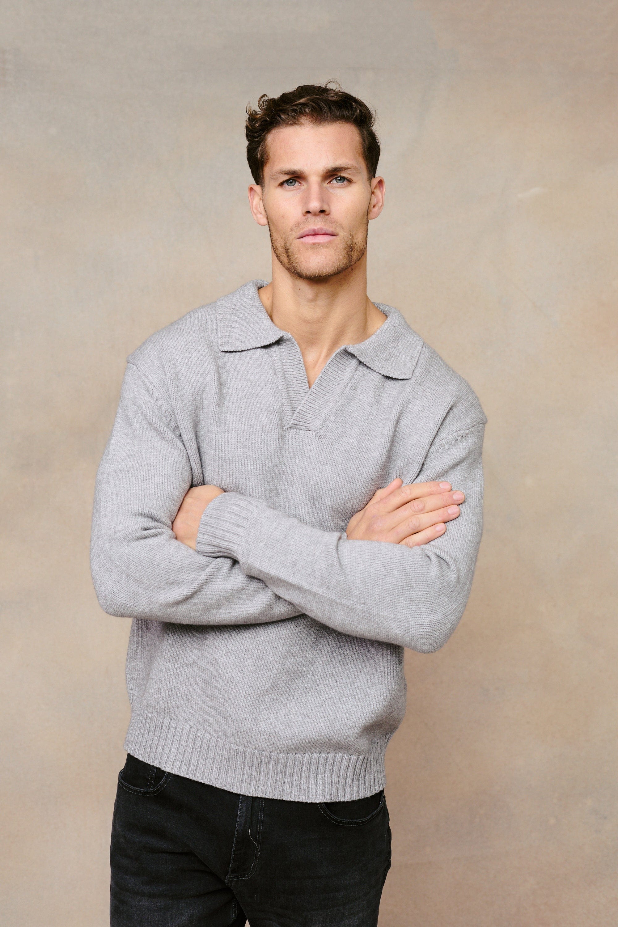 Dylan Chunky Knit Open Collar Sweater - Grey Marl