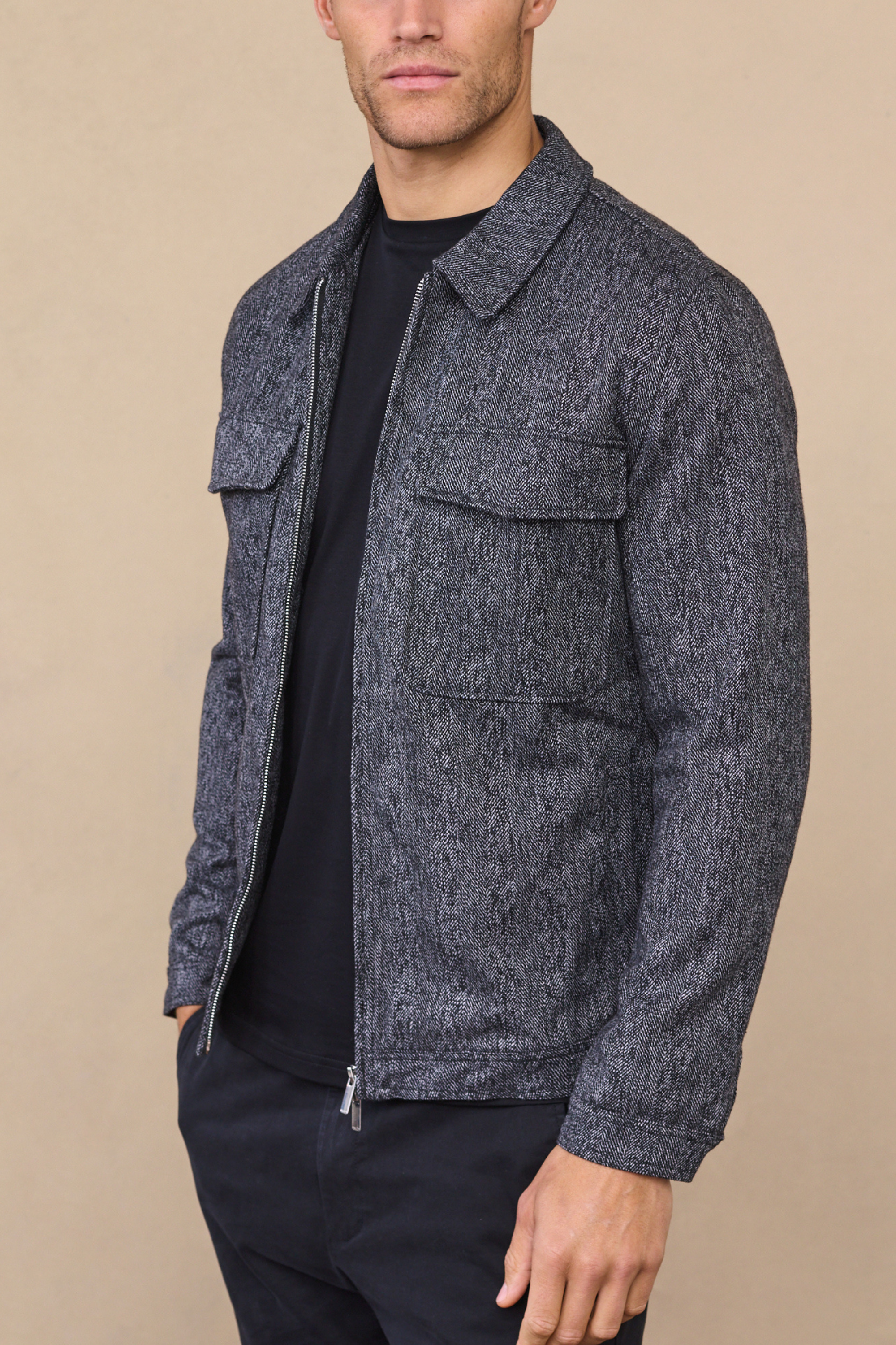 Carter Herringbone Wool Harrington Jacket - Black