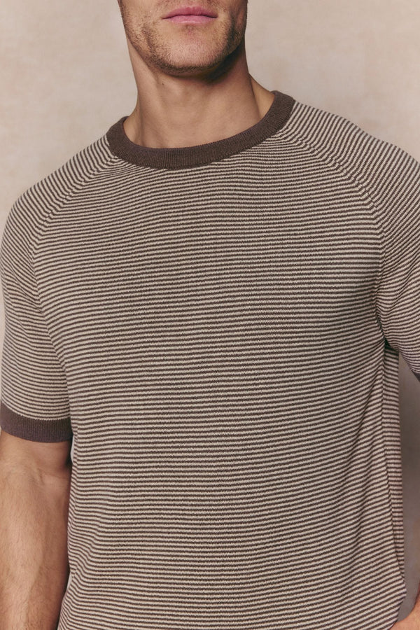 Rafael Linen Striped Crew Neck T-Shirt - Brown/Beige