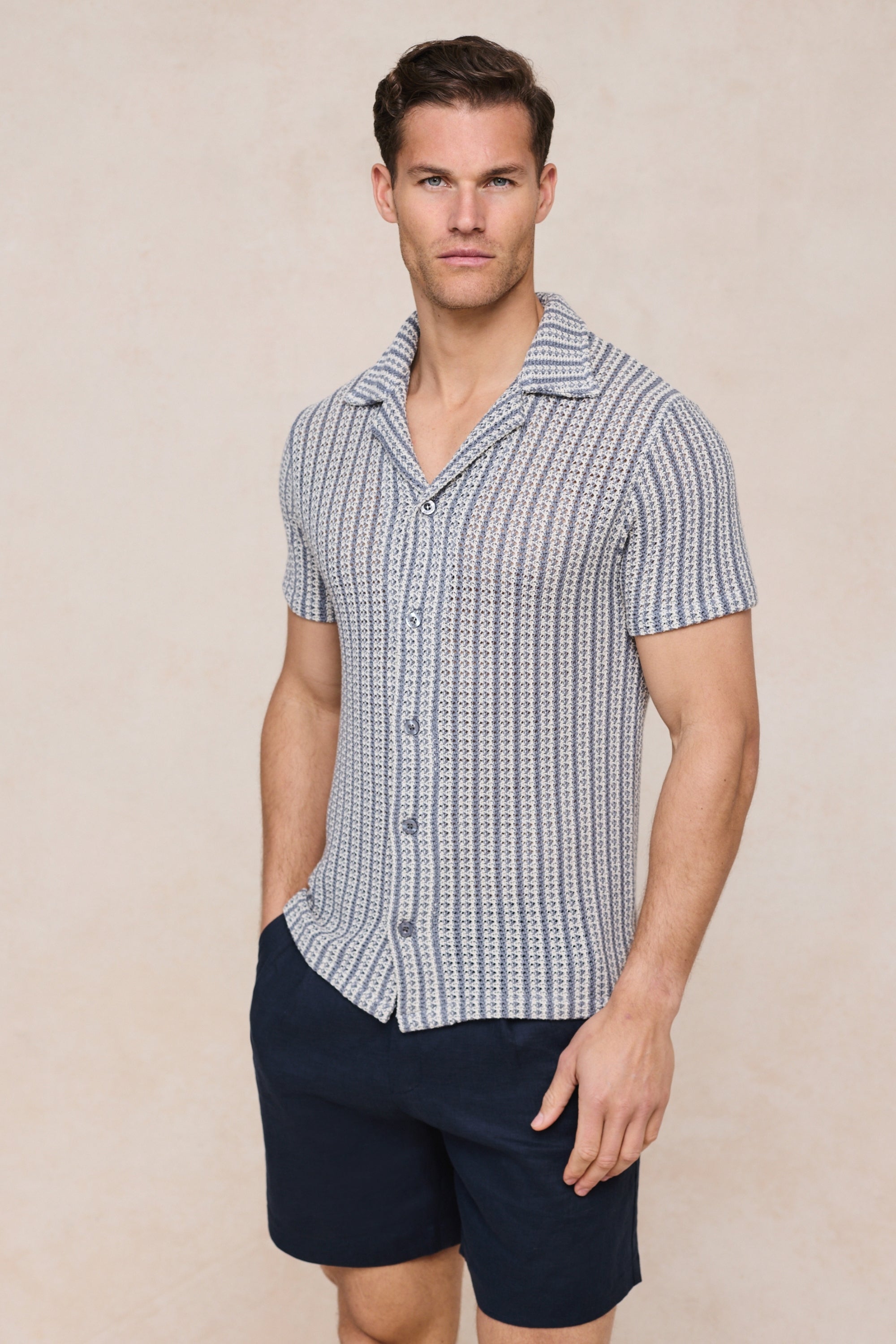 Salvador Knitted Camp Collar Shirt - Pale Blue/Ecru
