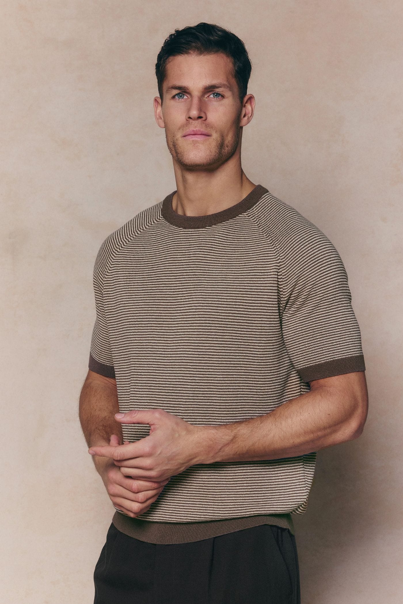 Rafael Linen Striped Crew Neck T-Shirt - Brown/Beige