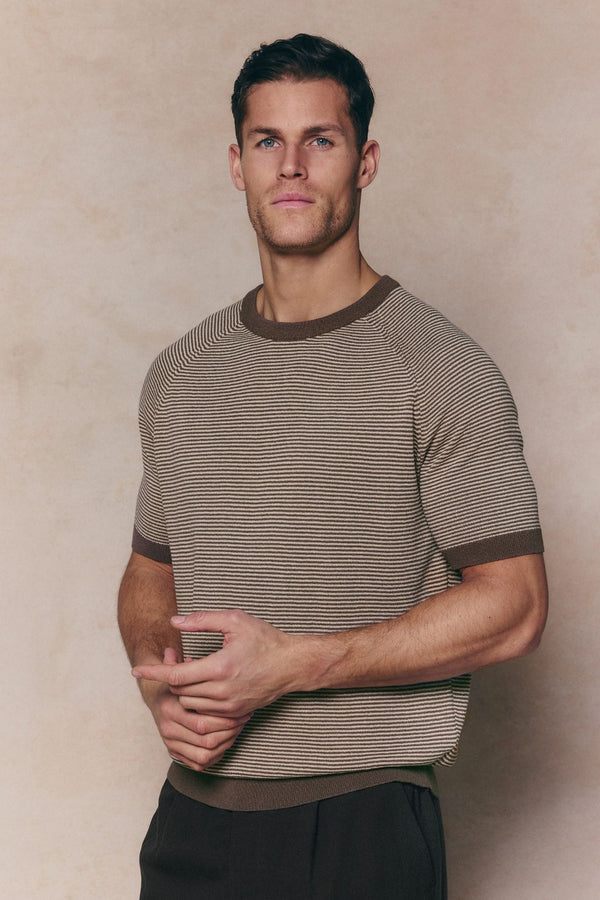 Rafael Linen Striped Crew Neck T-Shirt - Brown/Beige