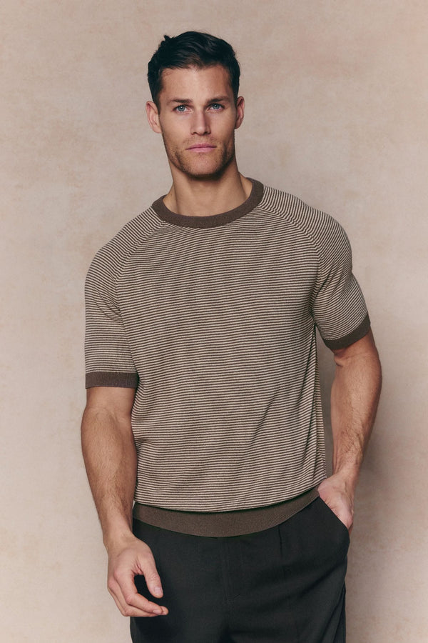 Rafael Linen Striped Crew Neck T-Shirt - Brown/Beige