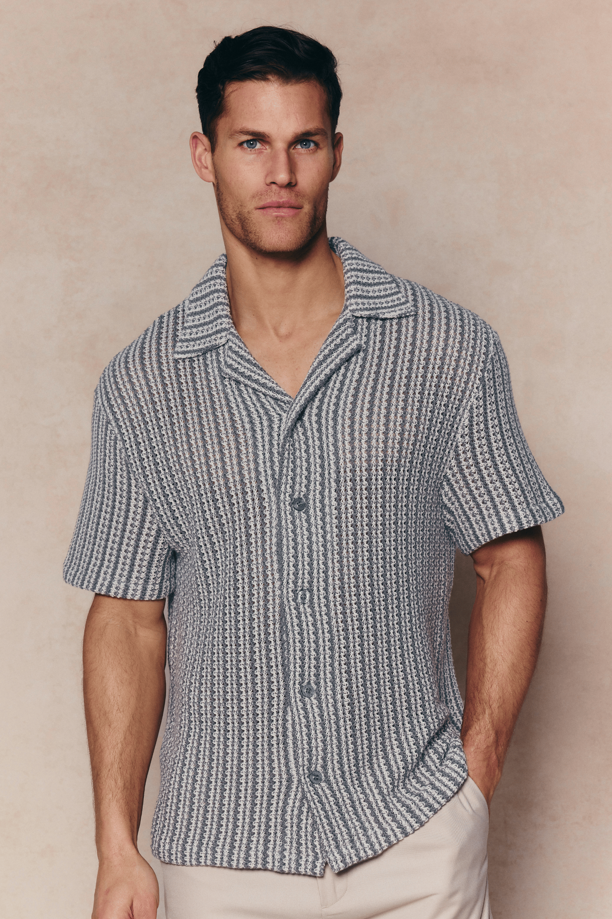 Salvador Knitted Camp Collar Shirt - Pale Blue/Ecru