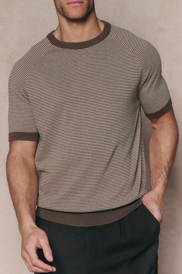 Rafael Linen Striped Crew Neck T-Shirt - Brown/Beige