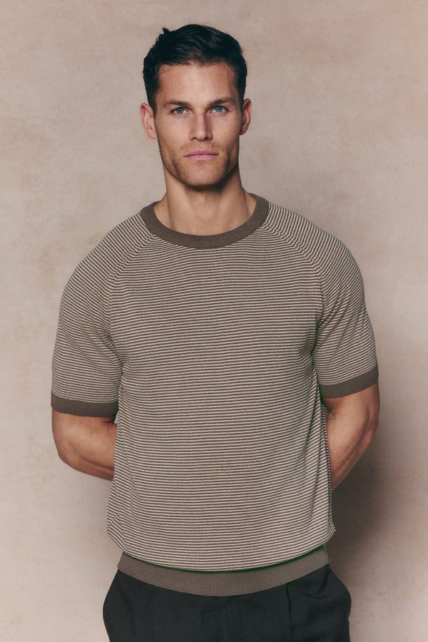 Rafael Linen Striped Crew Neck T-Shirt - Brown/Beige