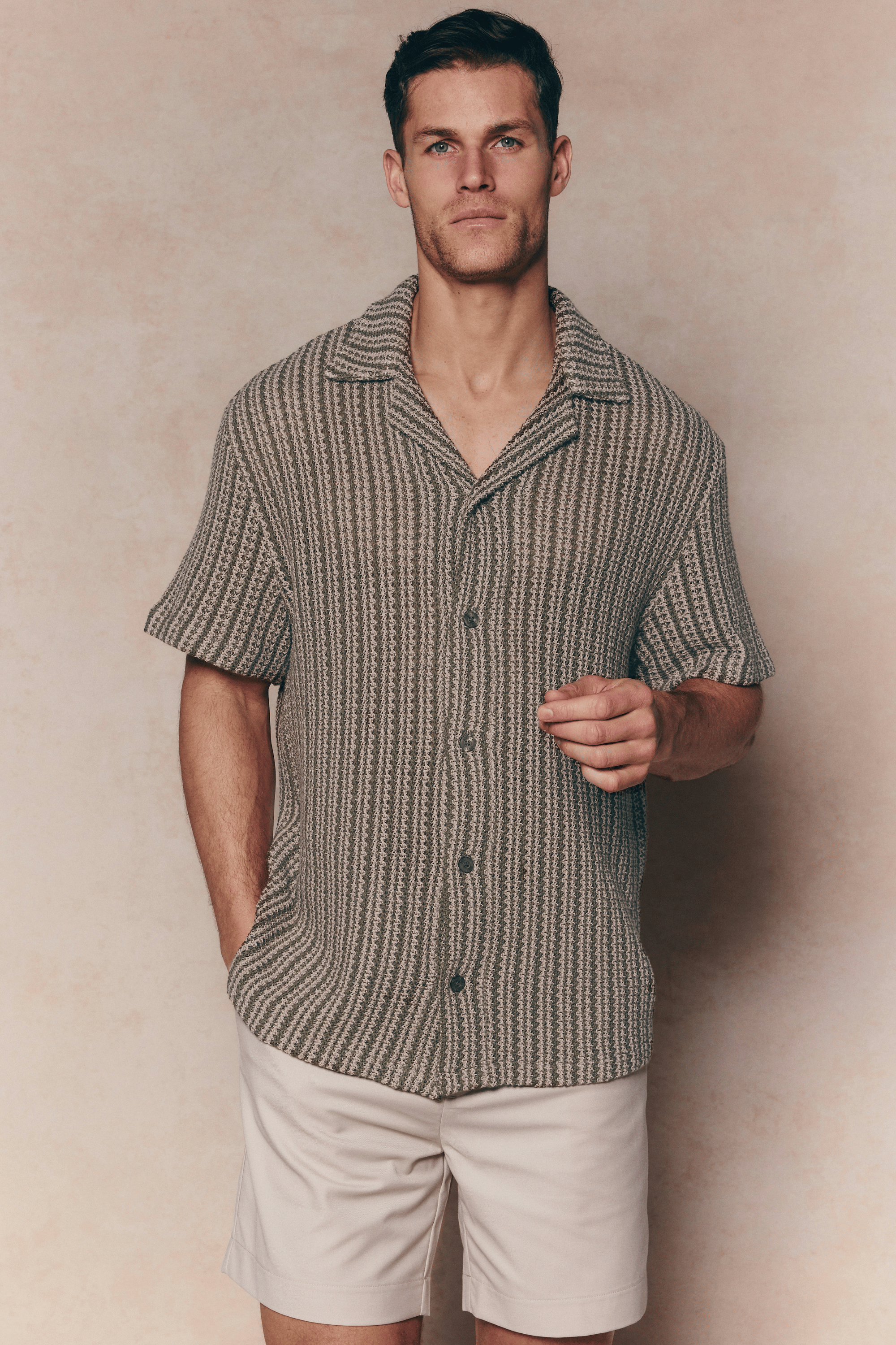Salvador Knitted Camp Collar Shirt - Khaki/Sand
