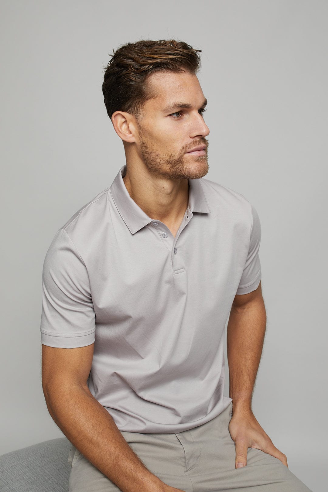 Luxe Mercerised Button Polo Shirt - Pale Grey