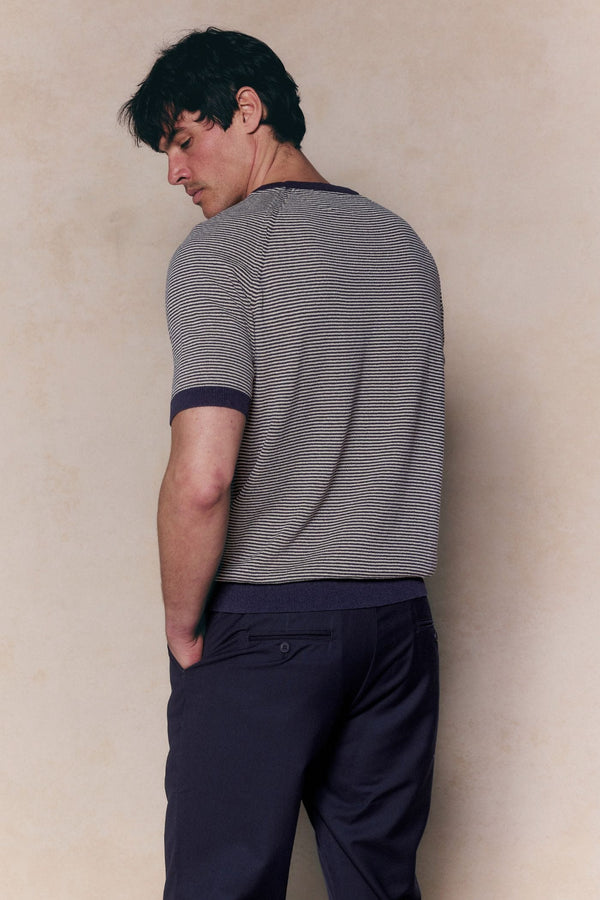 Rafael Linen Striped Crew Neck T-Shirt - Navy/Beige