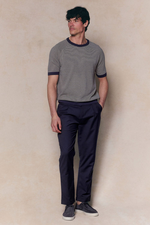 Rafael Linen Striped Crew Neck T-Shirt - Navy/Beige