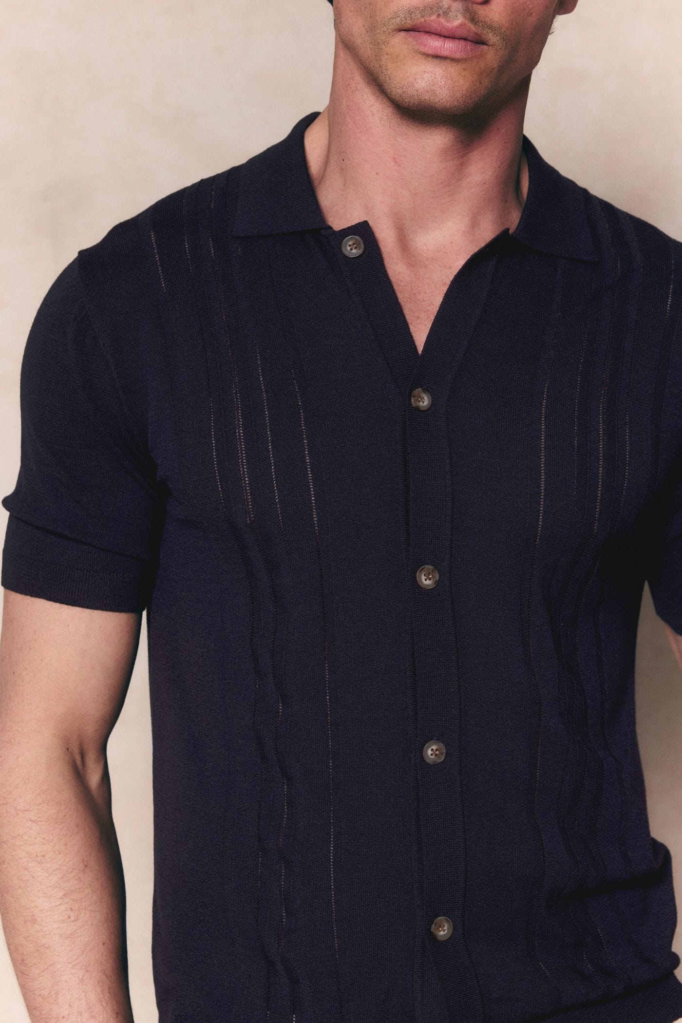 Juan Button Thru Boucle Knit Striped Polo - Navy