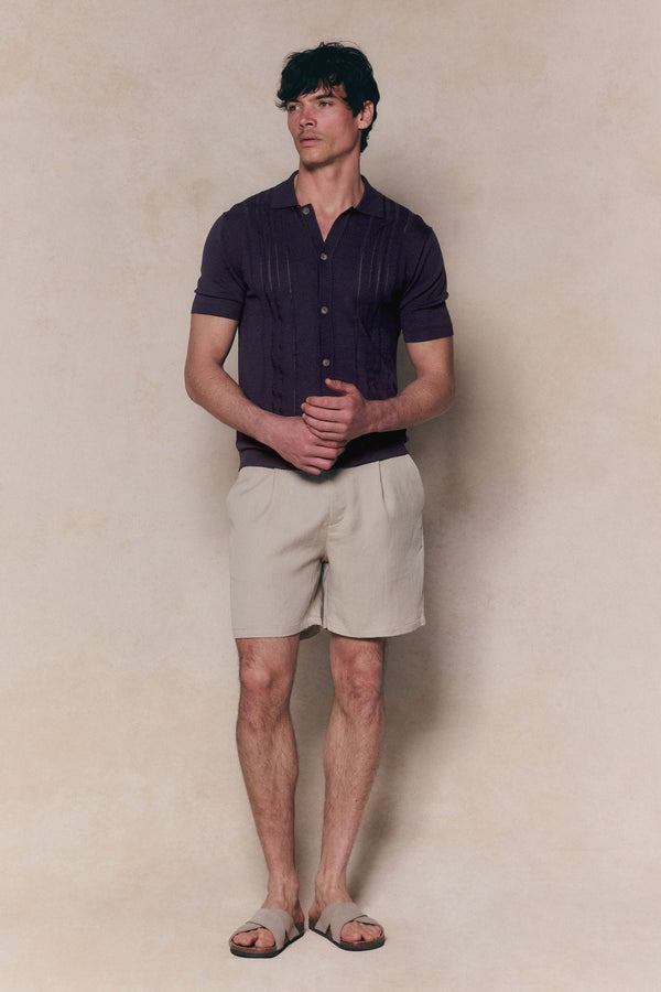 Juan Button Thru Boucle Knit Striped Polo - Navy