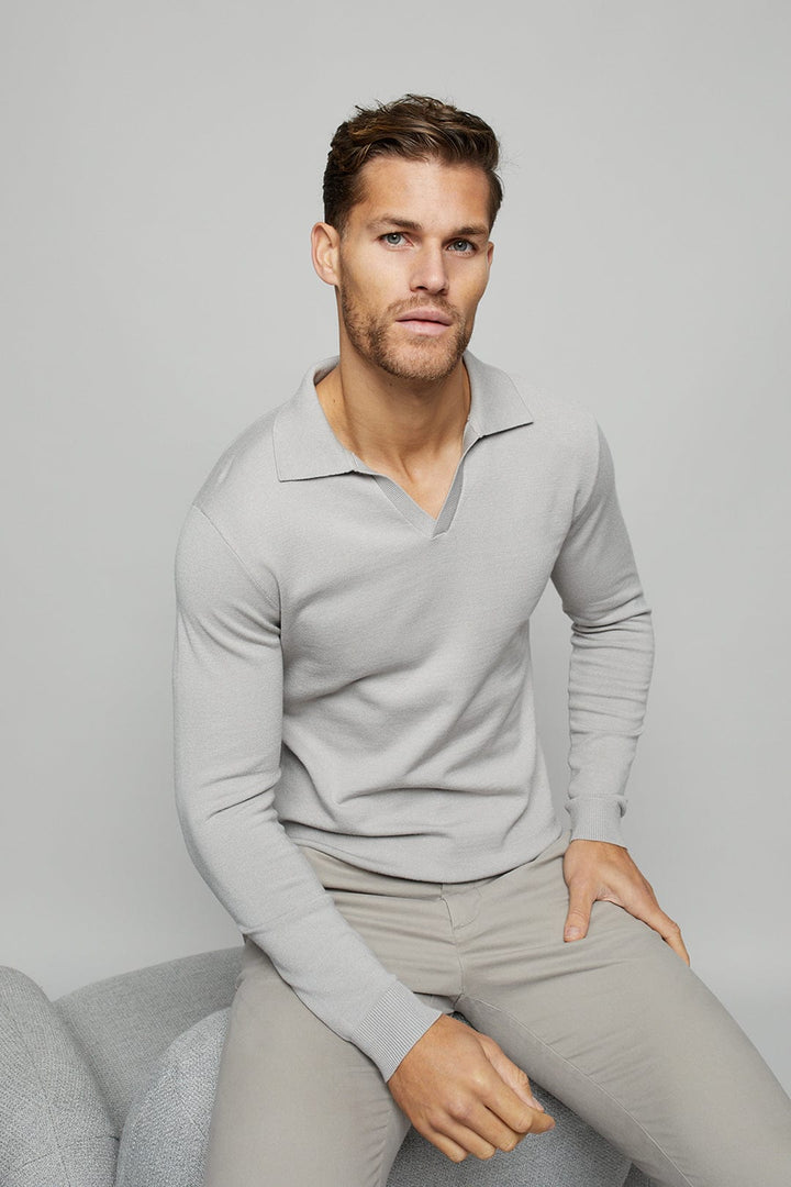 Knitted Long Sleeve Open Collar Polo - Pale Grey