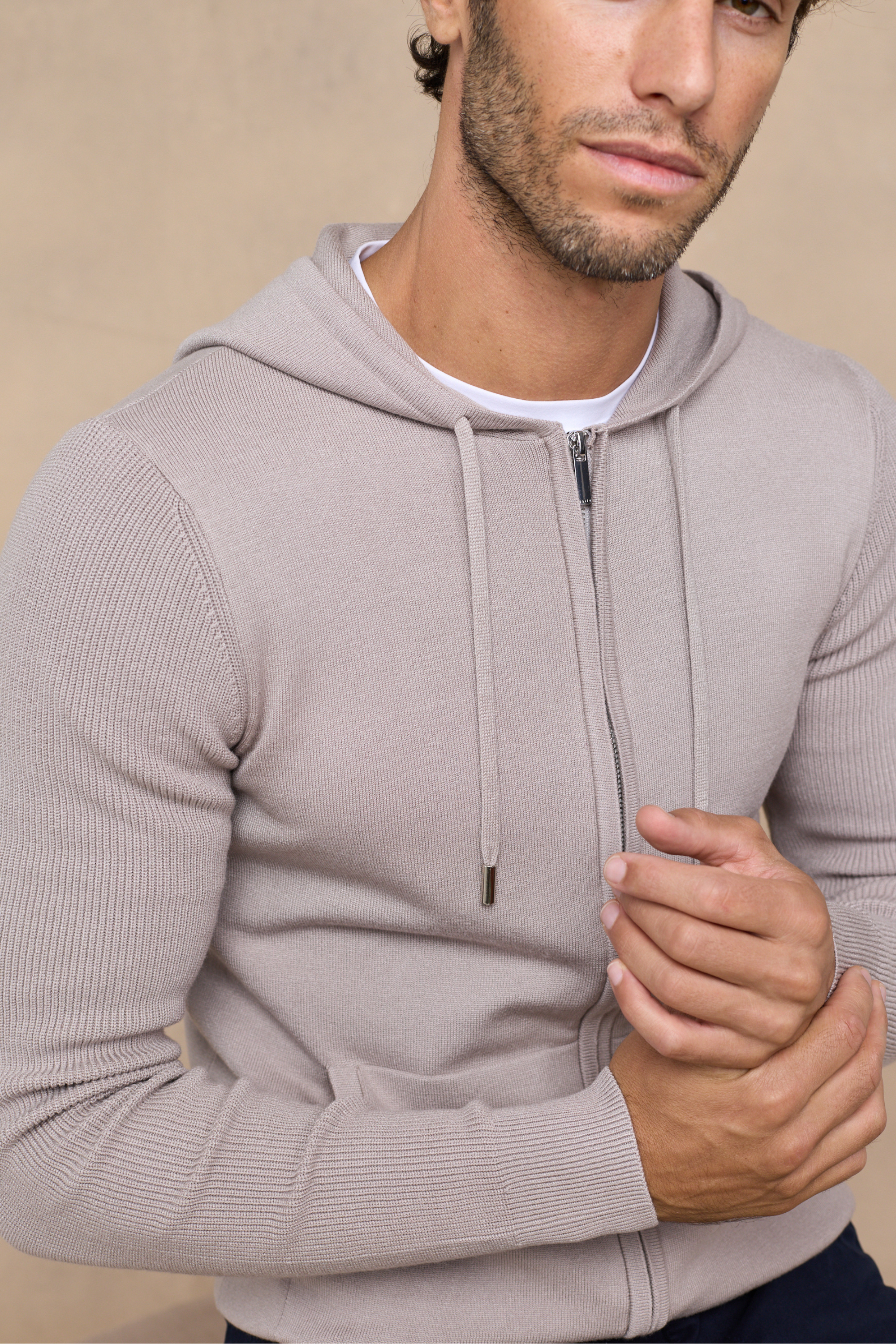 Nolan Knitted Zip Through Hoodie - Taupe