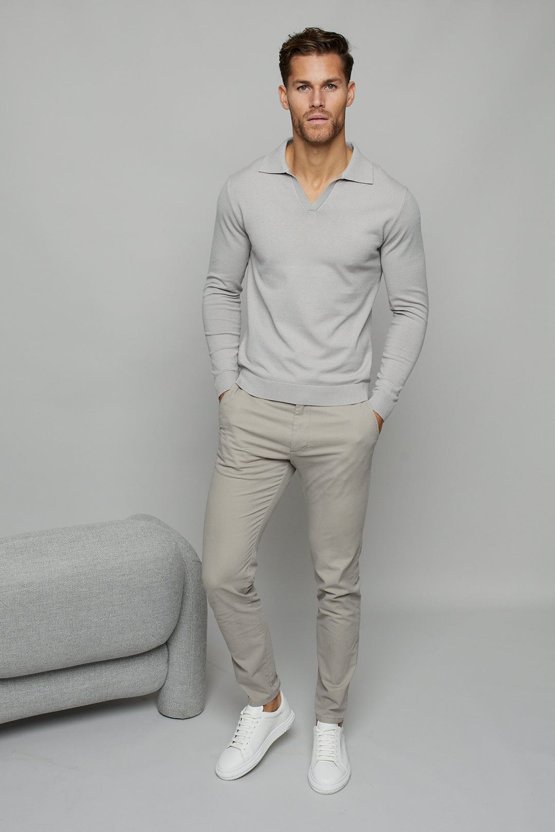 Knitted Long Sleeve Open Collar Polo - Pale Grey