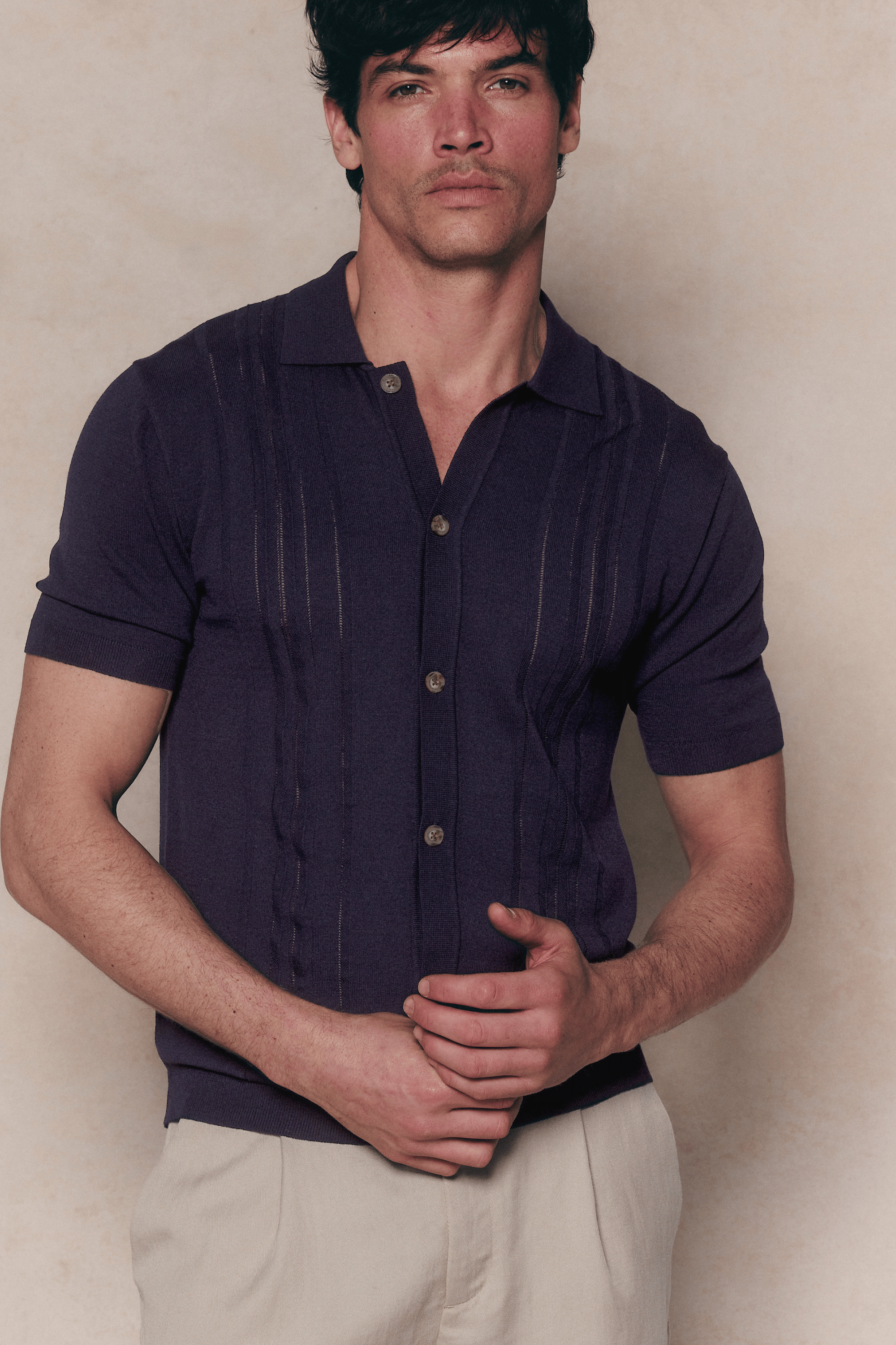 Juan Button Thru Boucle Knit Striped Polo - Navy