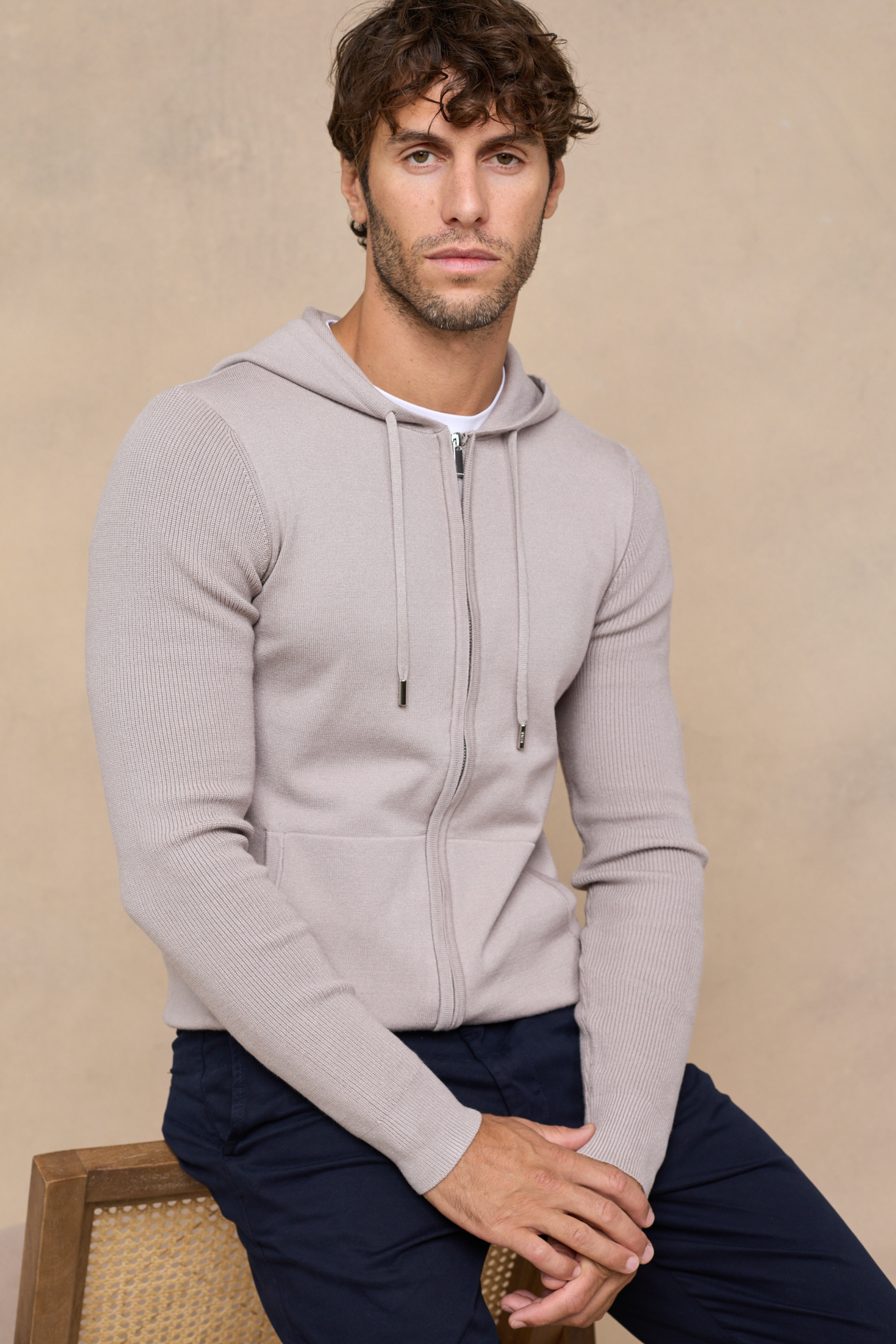Nolan Knitted Zip Through Hoodie - Taupe