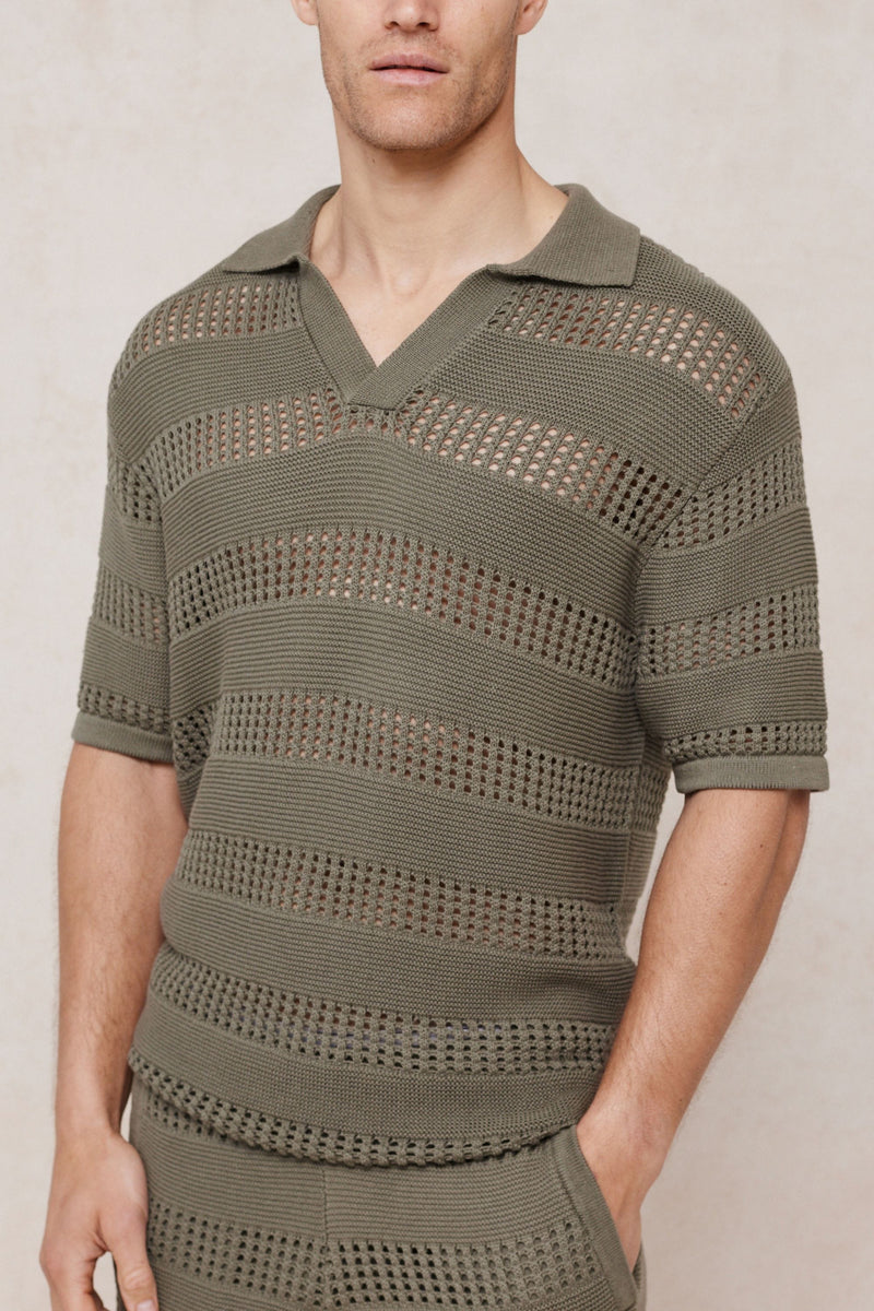 Frattina Crochet Cotton Knit Polo - Sage