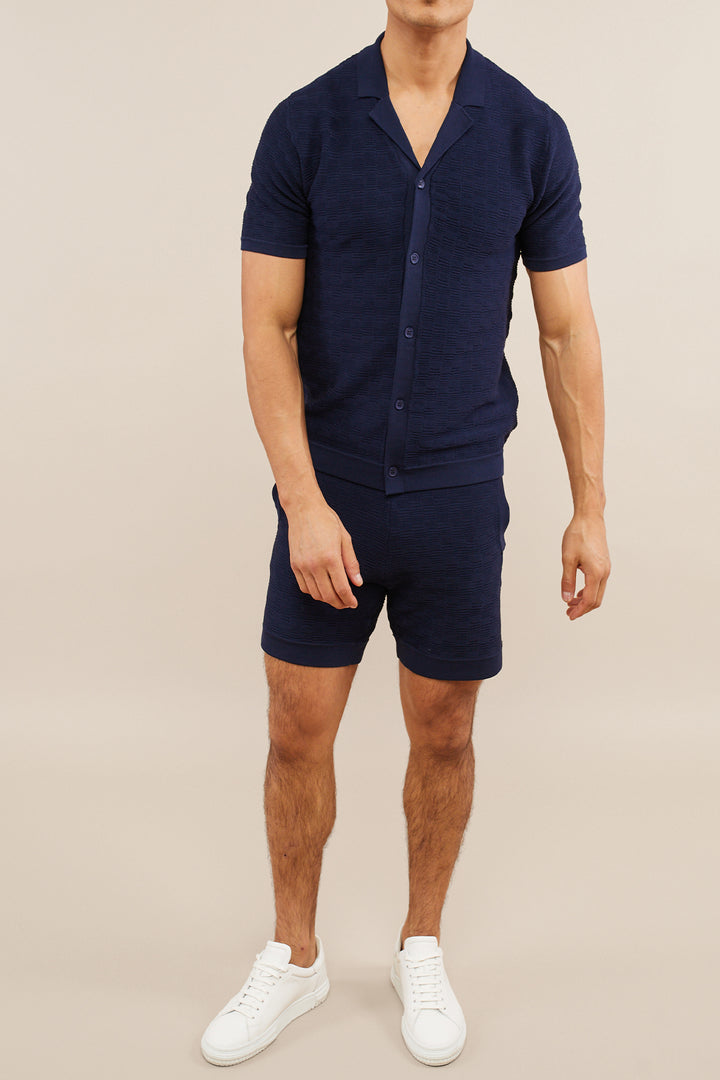 Ezra Knitted Button Down Shirt - Navy