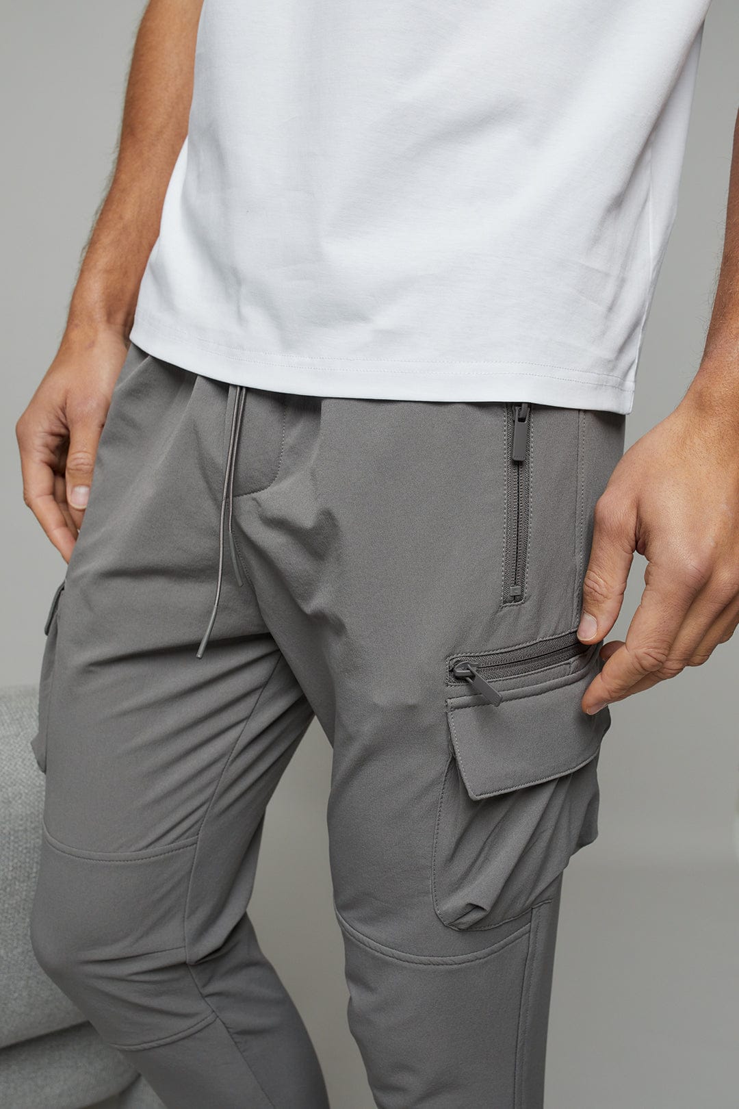 Grey nylon cargo store pants