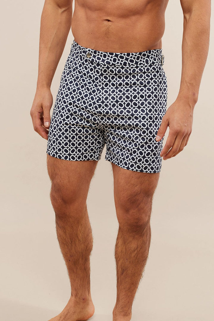 Cadena Printed Buckle Swim Short - Navy/White