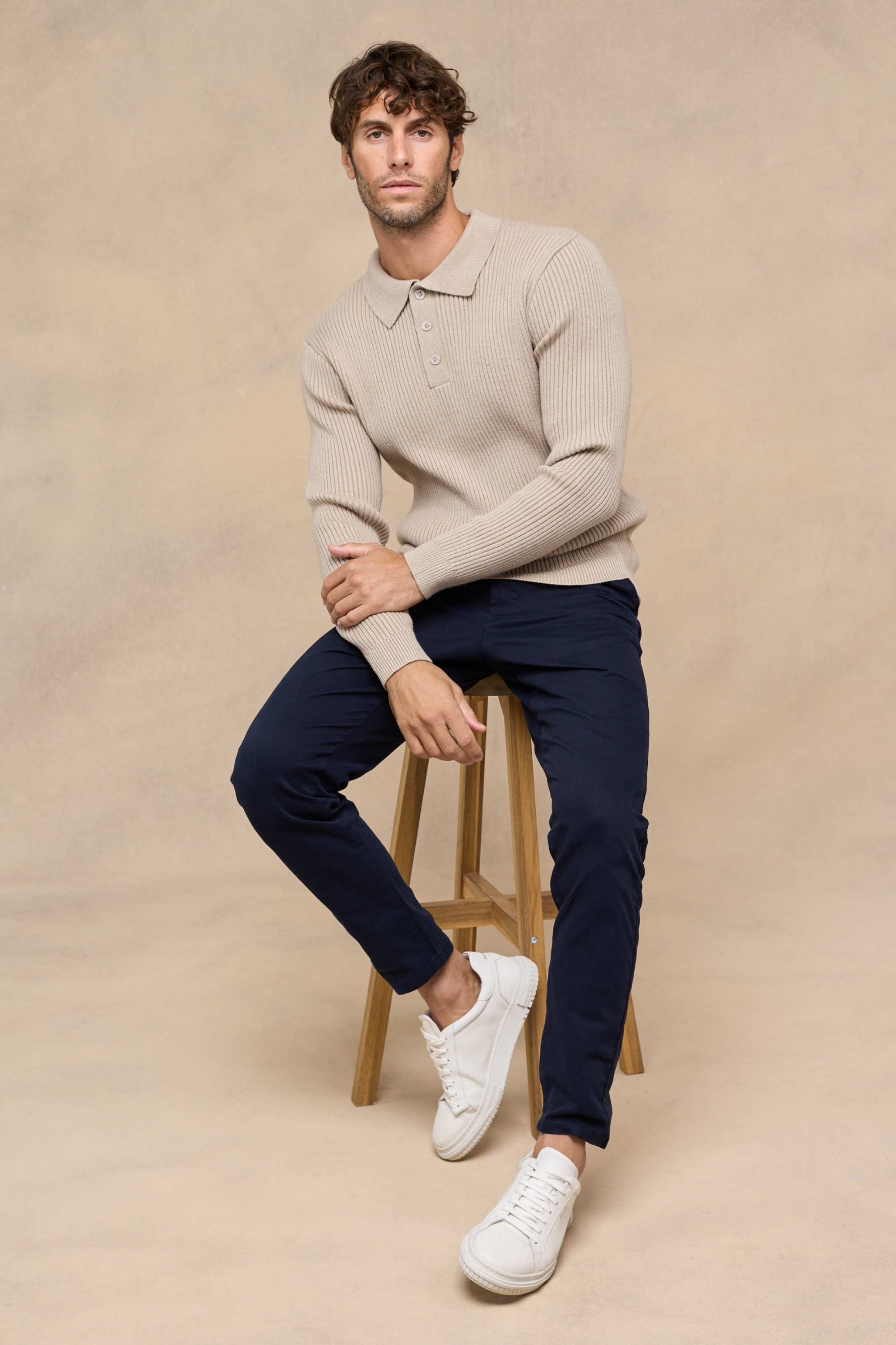 Ethan Ribbed Knitted Long Sleeve Polo - Beige