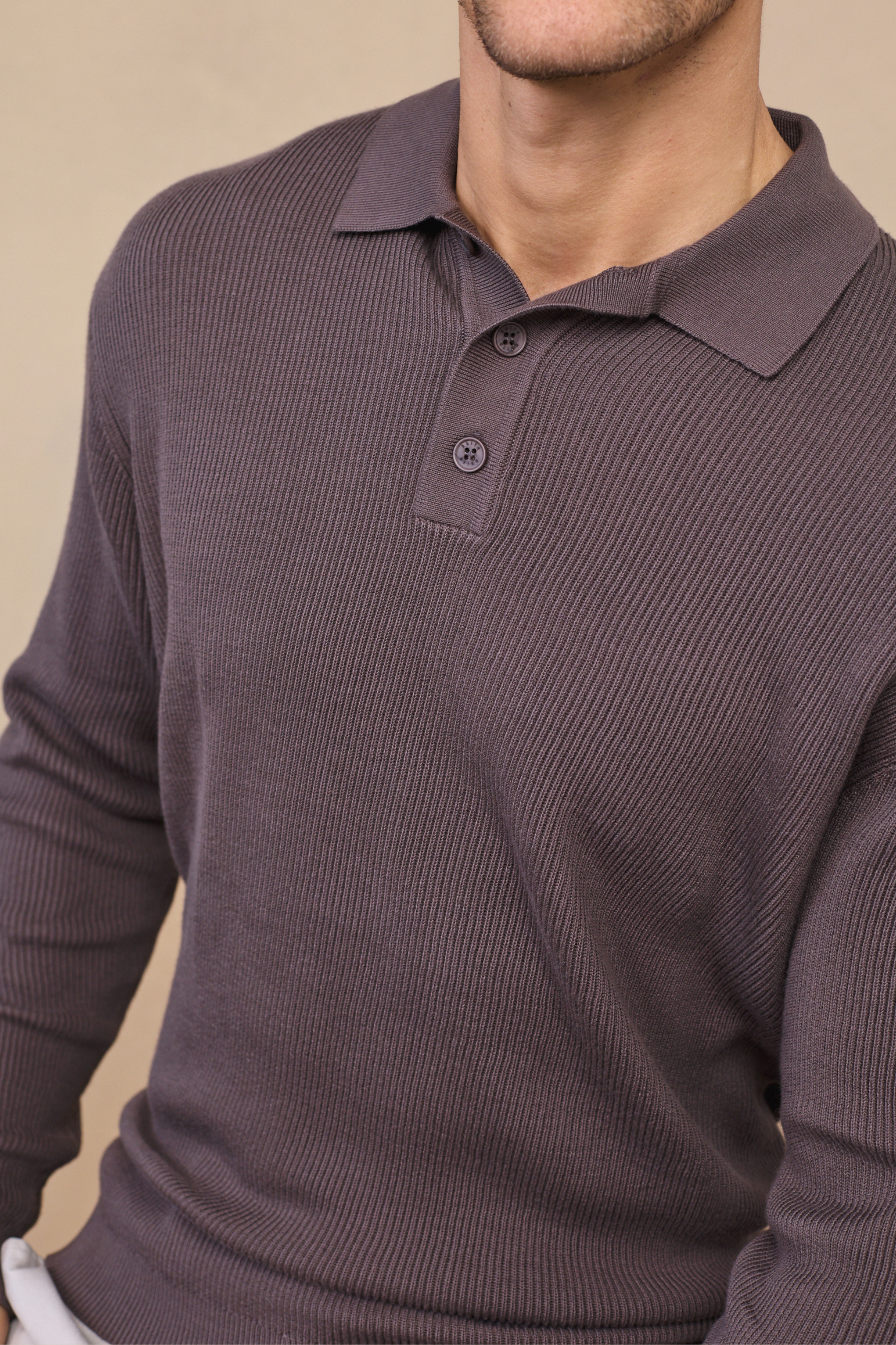 Angus Ribbed Polo - Mushroom