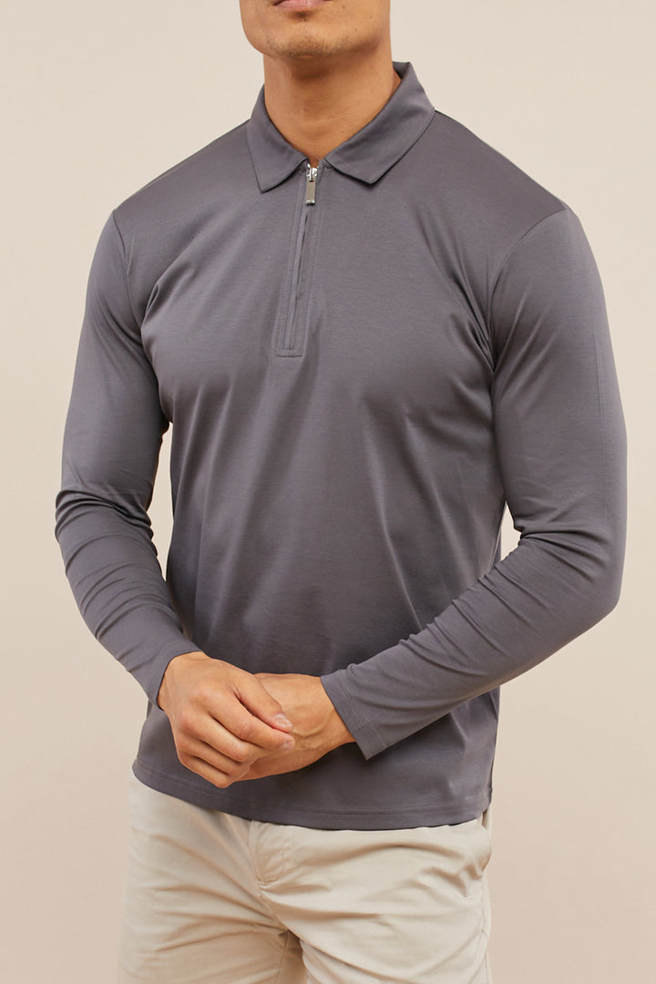Luxe Mercerised Long Sleeve Zip Polo Shirt - Charcoal