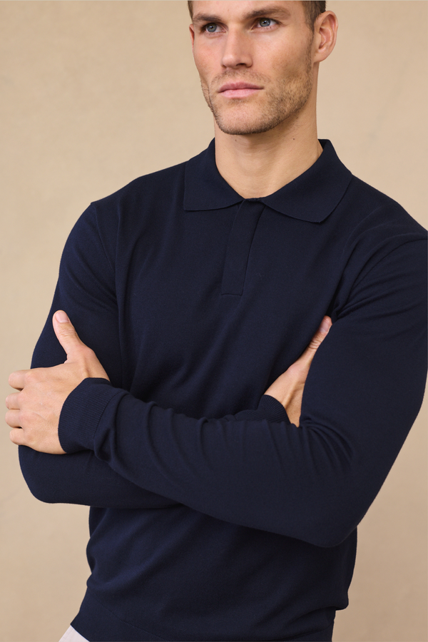 Andre Long Sleeve Button Polo - Navy