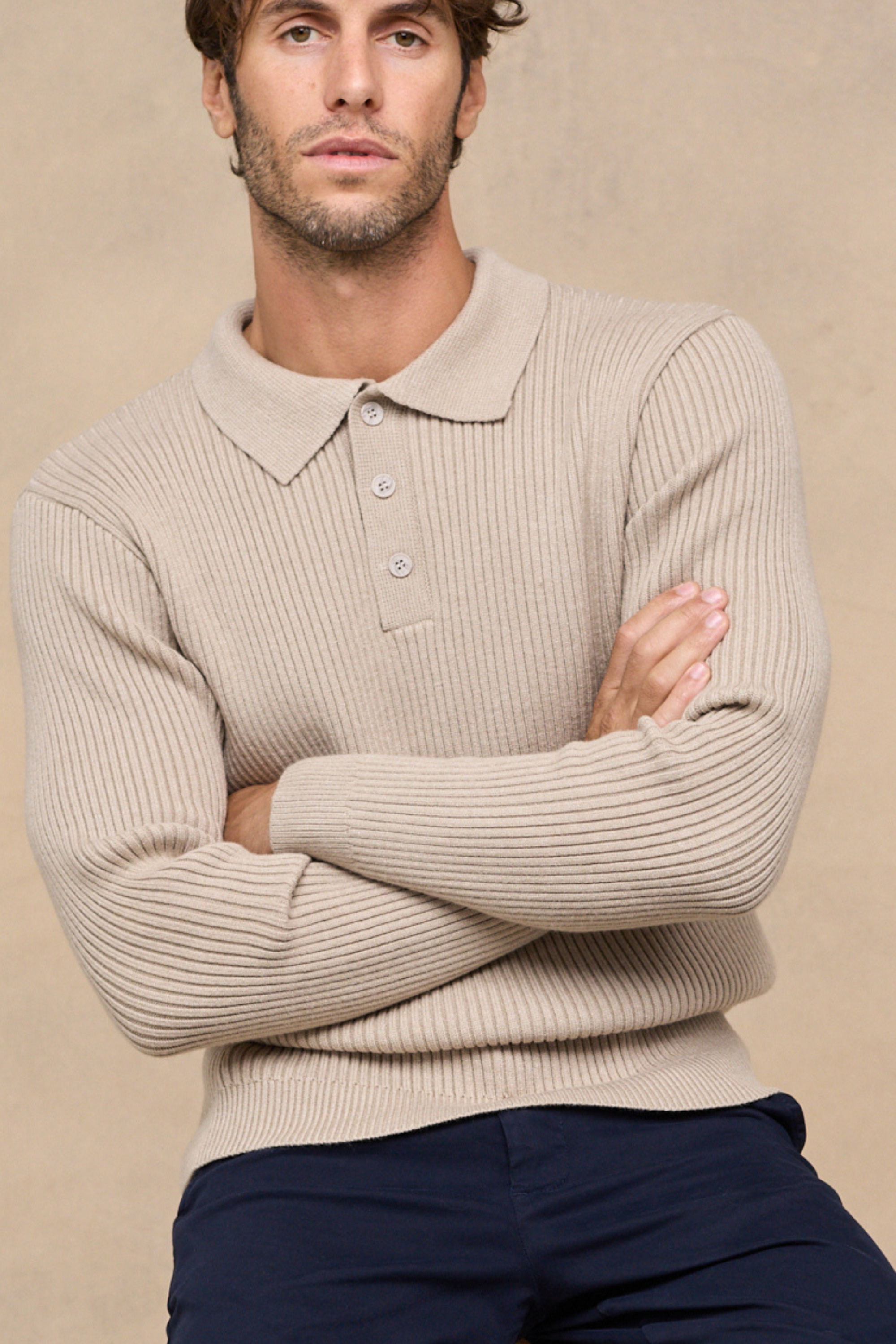 Ethan Ribbed Knitted Long Sleeve Polo - Beige