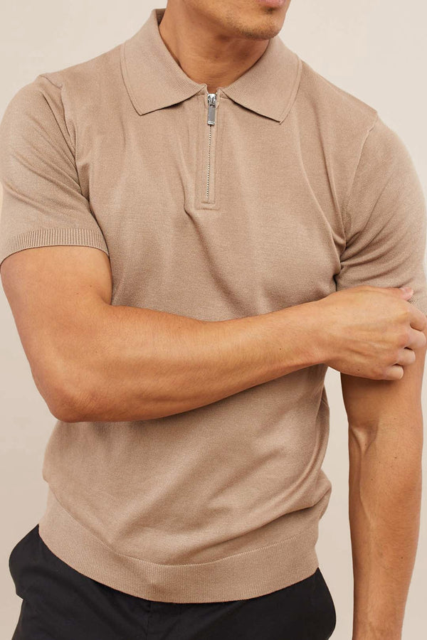Llana Knitted Zip Polo - Taupe