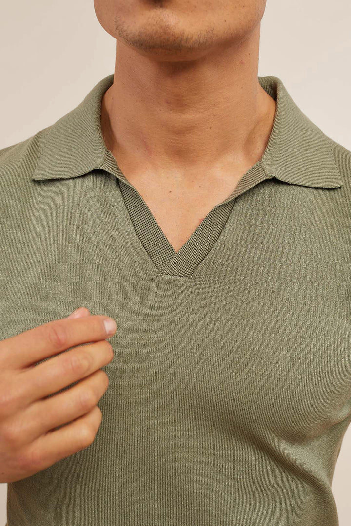 Privia Knitted Open Neck Polo - Sage Green