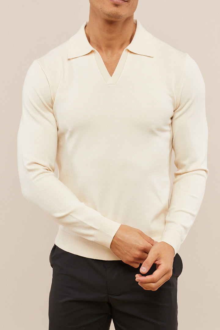 Knitted Long Sleeve Open Collar Polo - Ecru