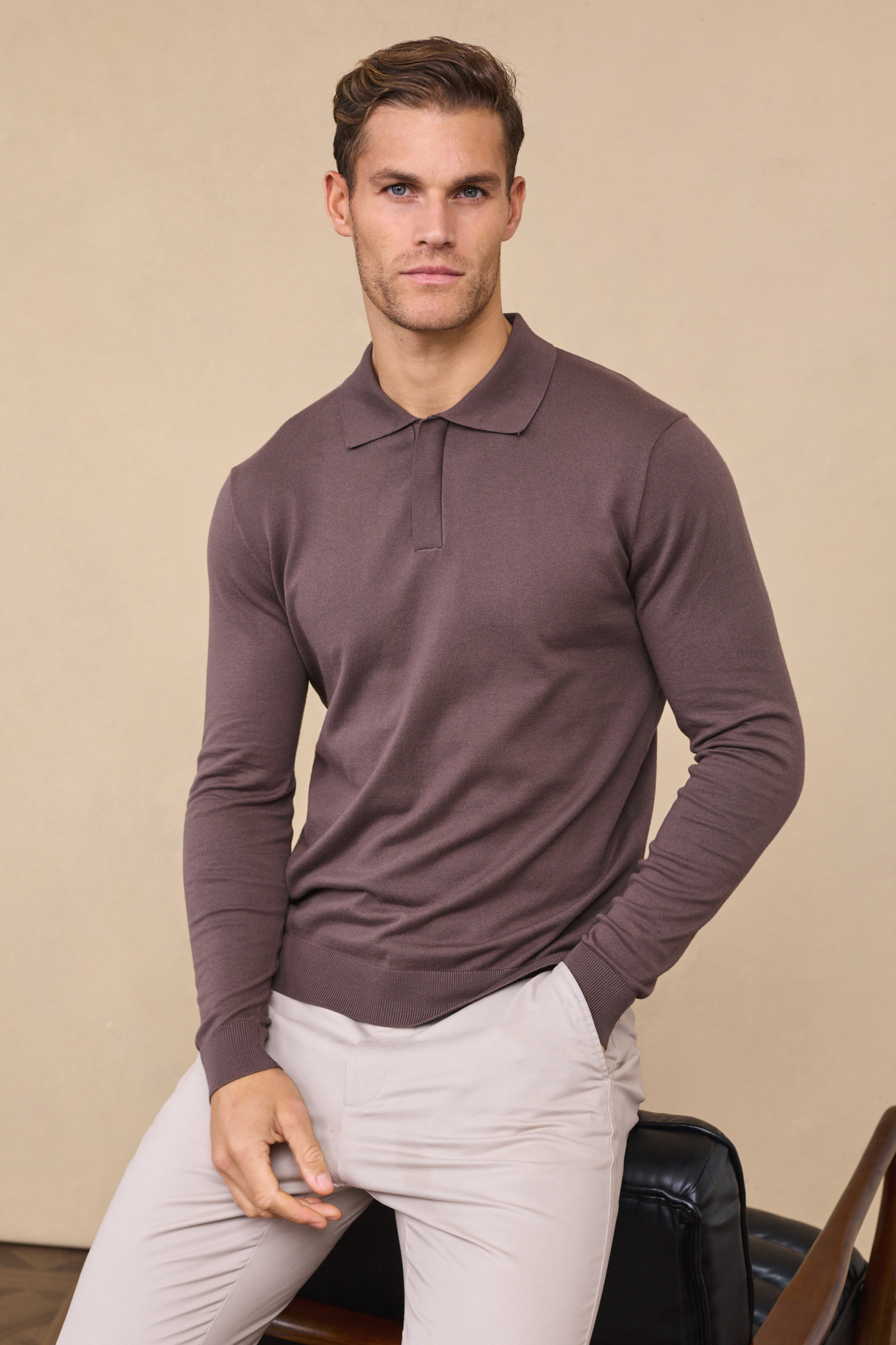 Andre Long Sleeve Button Polo - Mocha
