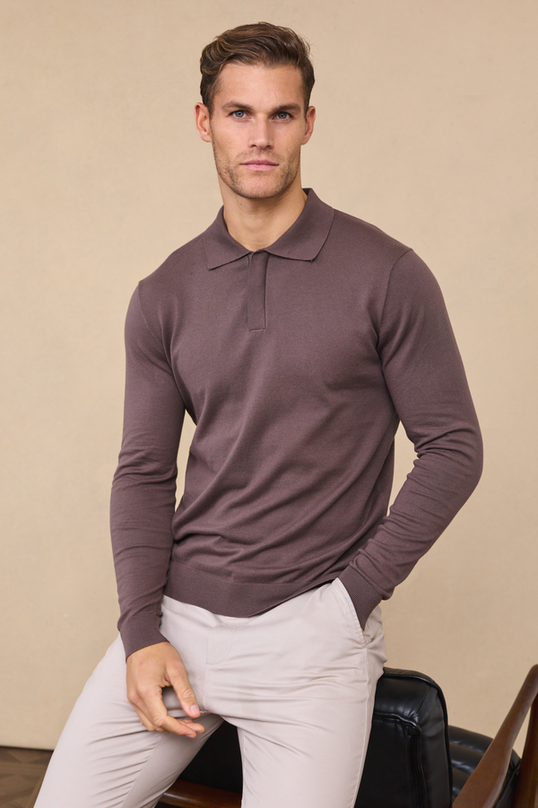 Andre Long Sleeve Button Polo - Mocha