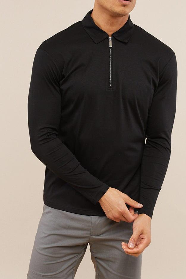 Luxe Mercerised Long Sleeve Zip Polo Shirt - Black