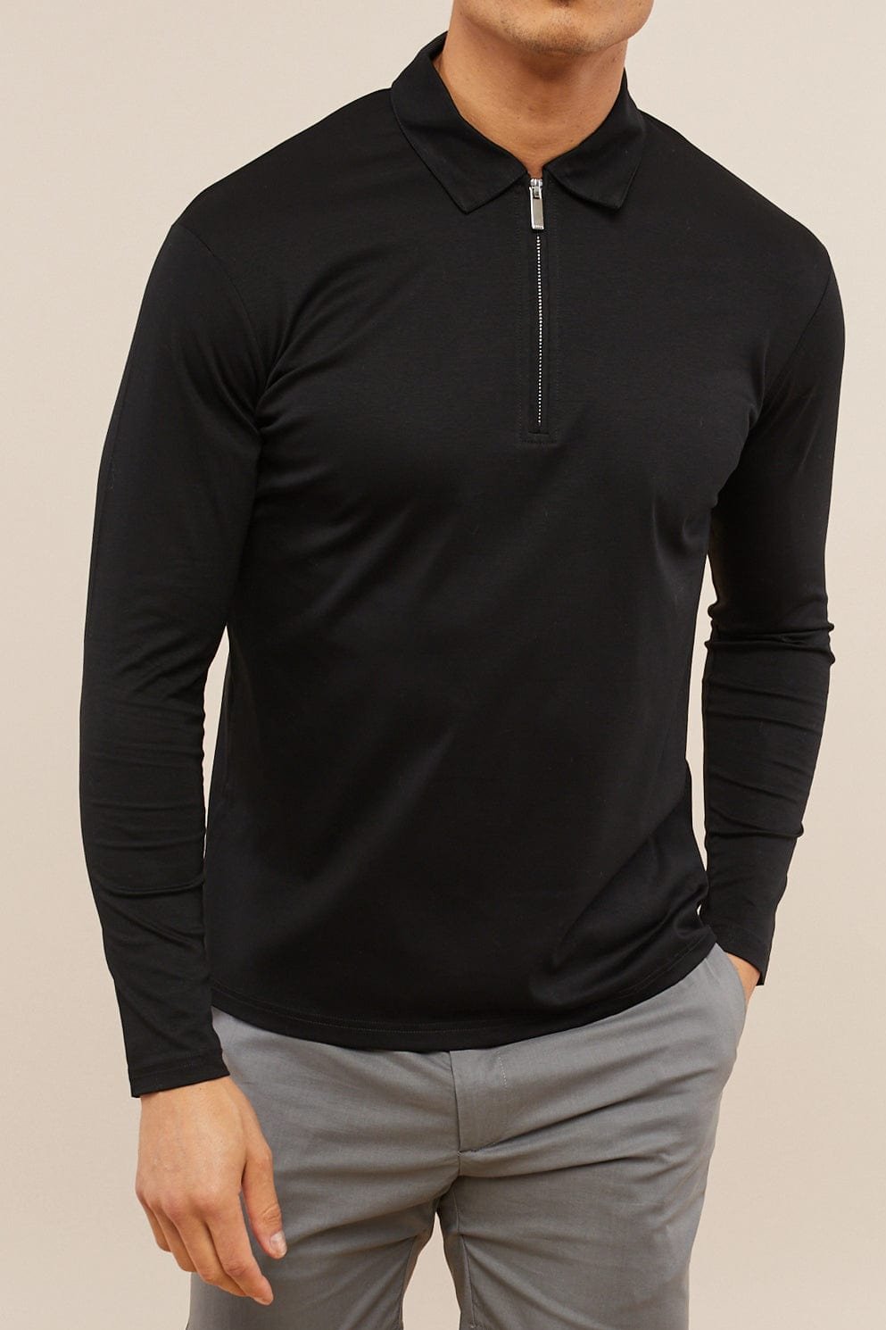 Luxe Mercerised Long Sleeve Zip Polo Shirt - Black