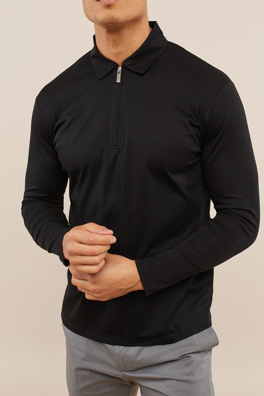 Luxe Mercerised Long Sleeve Zip Polo Shirt - Black