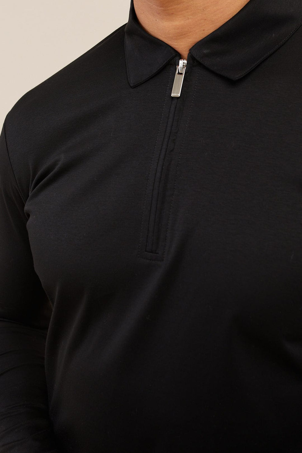 Luxe Mercerised Long Sleeve Zip Polo Shirt - Black